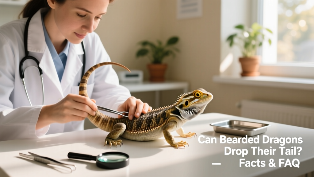 Veterinarian gently examining a bearded dragon’s tail during a wellness check, with clean tools and soft lighting visible