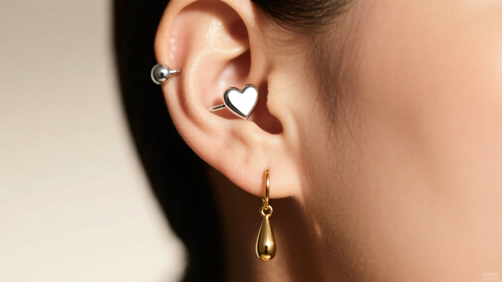 Macro shot of an ear stack with a small silver puffed heart tragus stud and a gold drop earring under warm, soft studio lighting.