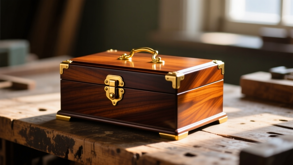 Restored 1920s mahogany jewelry box with polished brass hinges on a rustic wooden workbench under warm directional sunlight