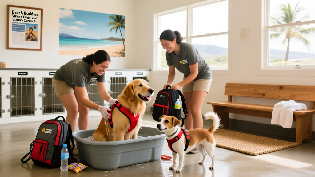 Volunteers preparing dogs for Beach Buddies outings: bathing, fitting harnesses, and packing supply backpacks in a clean, sunlit shelter area