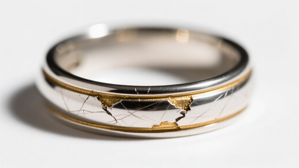 A worn gold-toned base metal showing through a scratched silver-plated ring, illustrating damage from an abrasive polishing cloth