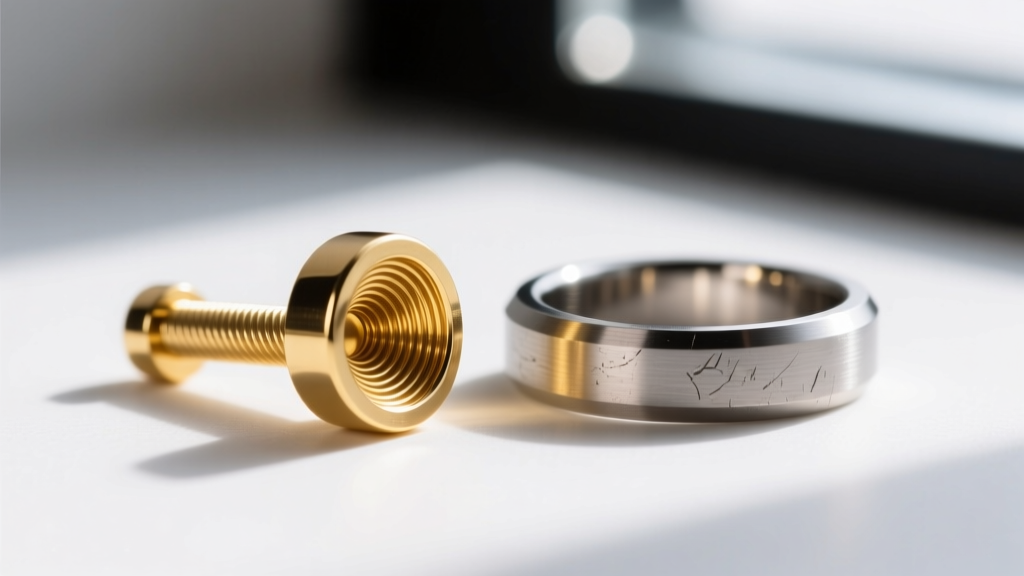 Macro shot of an internally threaded 14k gold labret stud beside a 16-gauge titanium seam ring, showing precise metal threading.