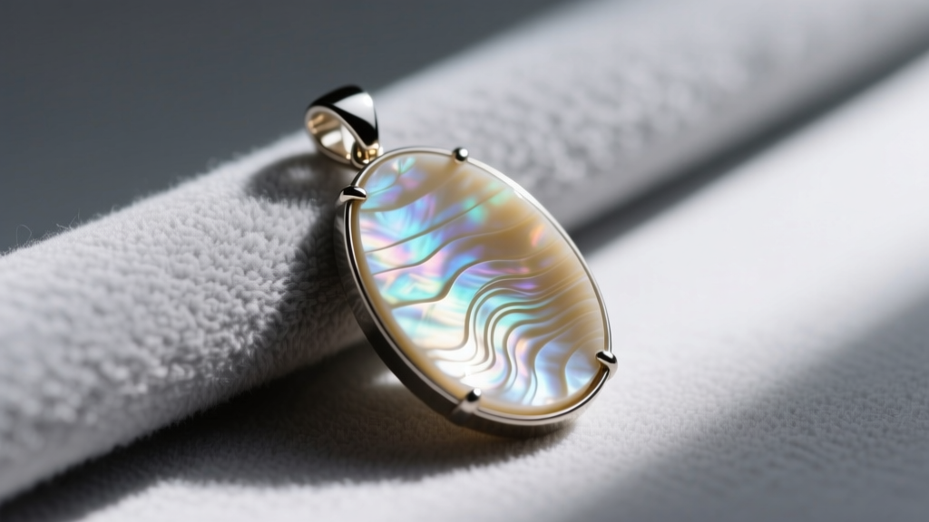 Macro shot of carved mother of pearl pendant revealing nacre striations and flush setting, resting on a soft grey microfiber cloth.