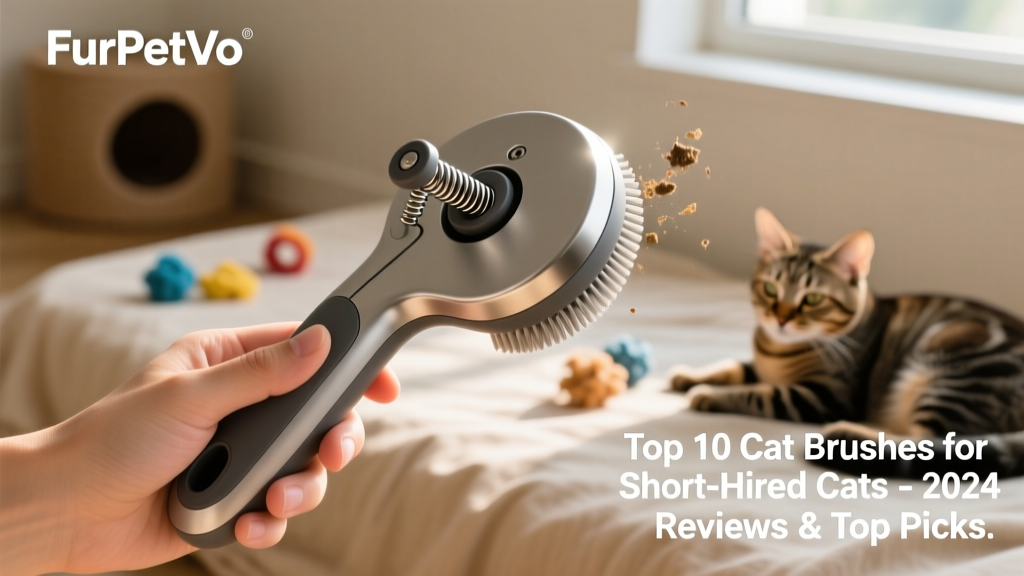 FurPetVo Cat Brush shown in hand with visible one-click cleaning mechanism engaged