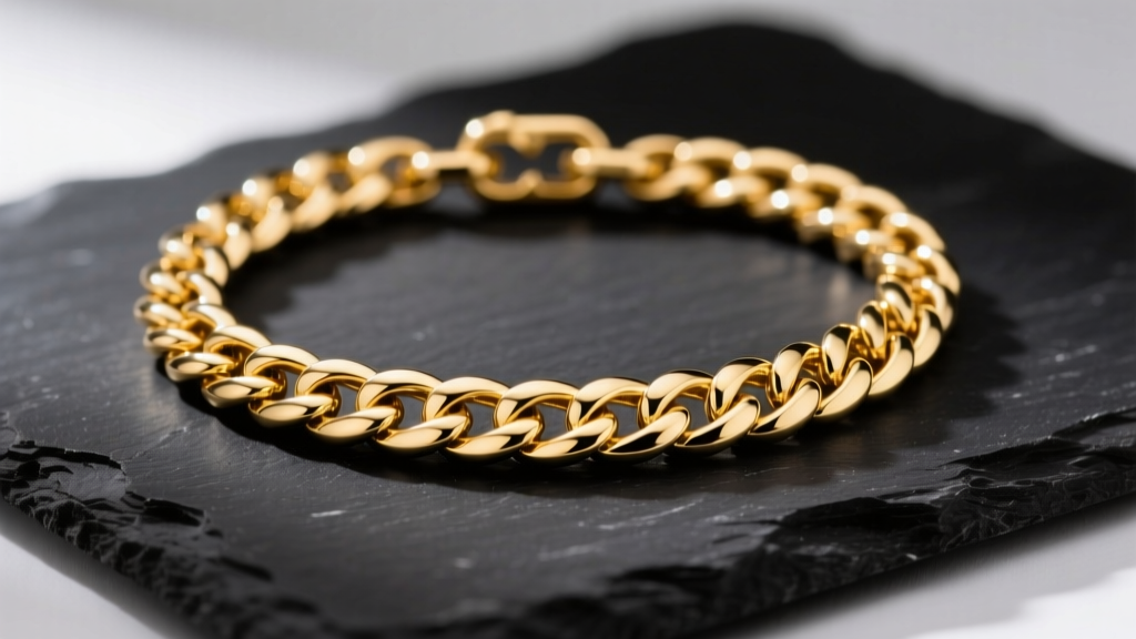 Polished 4mm 14k gold Cuban link chain on black slate, revealing precise interlocking geometry and bright studio lighting