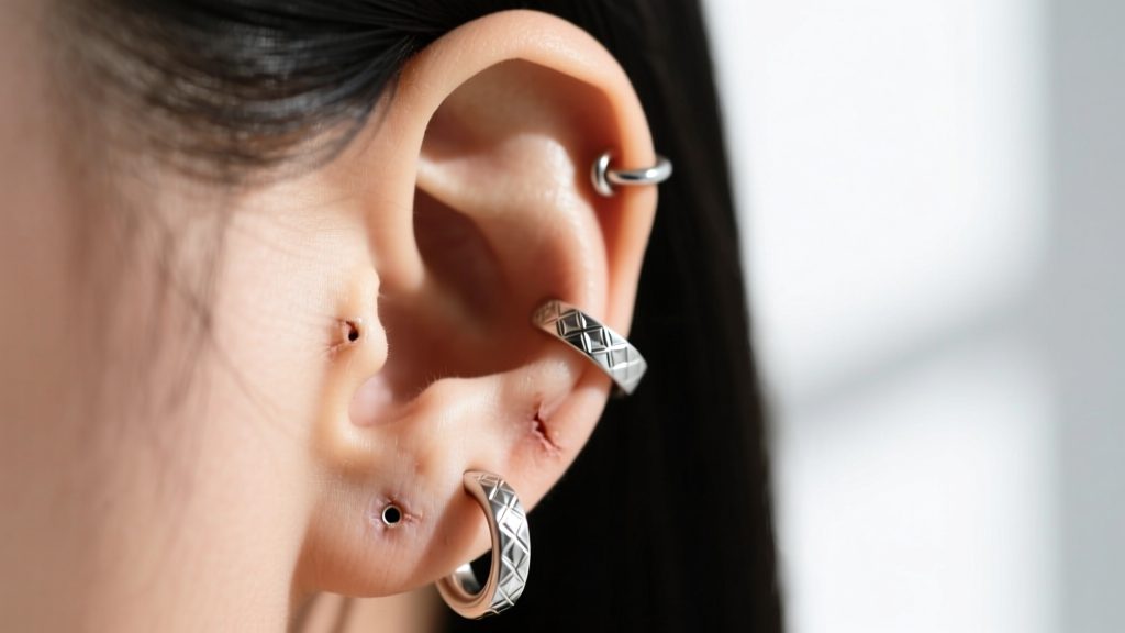 Close-up of an ear wearing 18-gauge sterling silver textured huggie hoops, highlighting a healed lobe and subtle helix piercing.