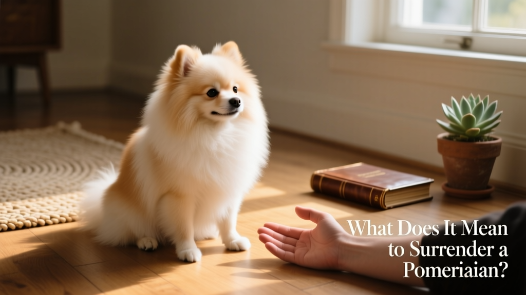A gentle, well-groomed Pomeranian sitting calmly beside a person’s hand