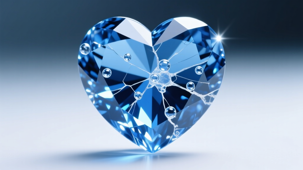 Macro view of a fracture-filled blue sapphire heart showing internal glass bubbles and flash effects under a gem microscope.