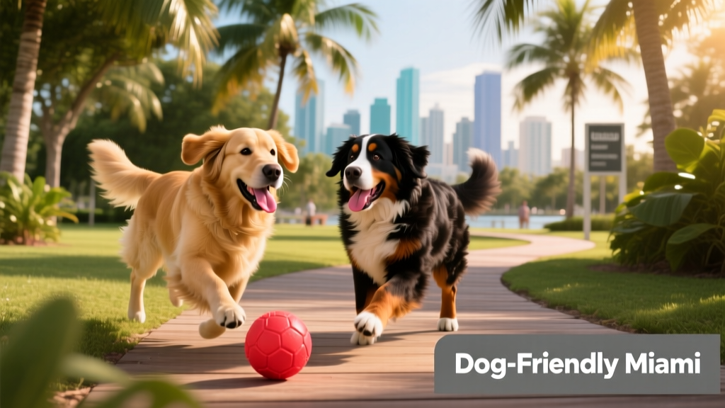A golden retriever and Bernese mountain dog playing together in a lush, shaded Miami dog park