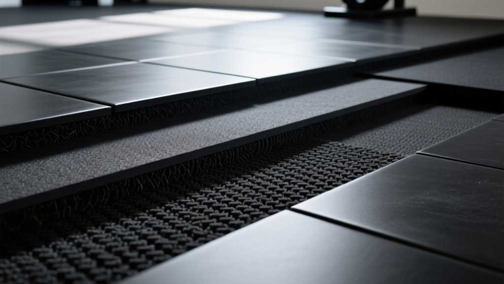 Close up of layered gym flooring installation showing mass loaded vinyl acoustic underlayment beneath thick black vulcanized rubber tiles