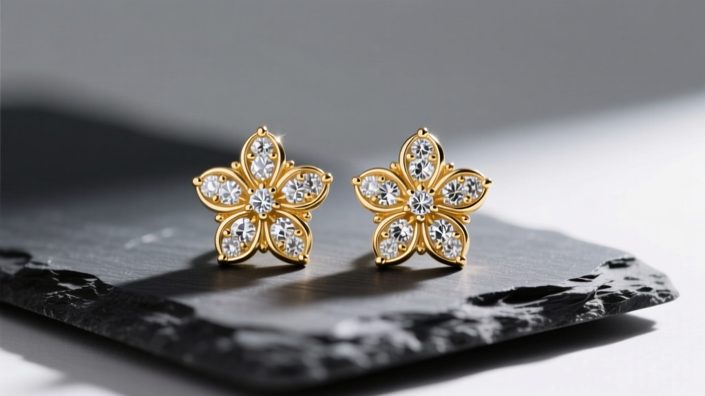Macro shot of 18k gold floral stud earrings with diamond pavé heart-shaped petals resting on a dark slate jewelry display tray