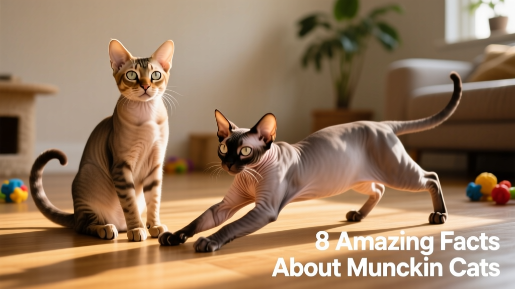 Two Munchkin cats side-by-side, one sitting upright and the other stretching forward, highlighting leg length and muscular build
