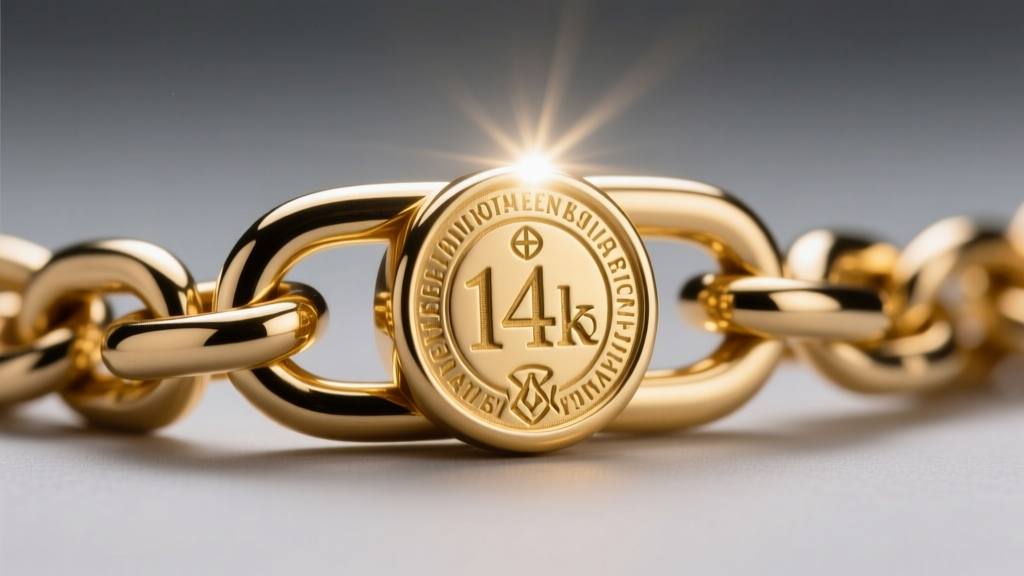 Macro shot of a 14k gold hallmark stamped on a heavy chain clasp, illuminated by a bright LED jeweler's loupe light