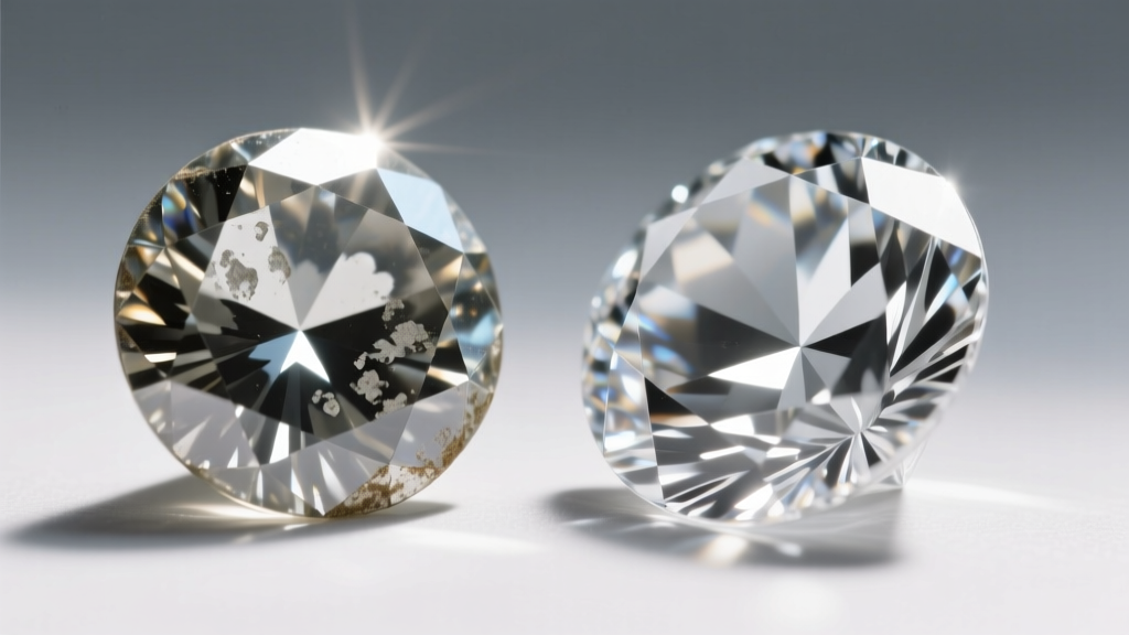 Close-up of foil-backed glass rhinestone with slight desilvering next to a pristine modern crystal rhinestone under bright light.