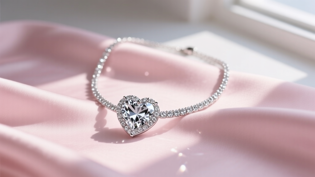 Elegant flat lay of a silver rhinestone heart necklace on blush pink silk, soft morning light highlighting the crystal facets.