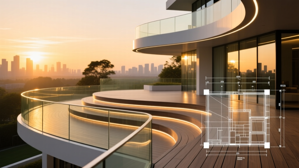 Architectural blueprint overlaid on a modern multi-level composite deck with curved edges, integrated lighting, and glass railings at sunset