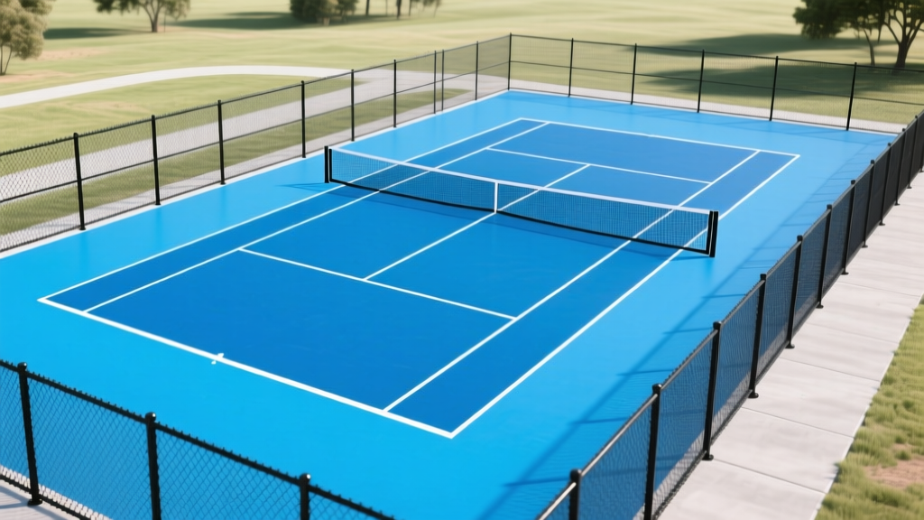 Aerial view of a newly paved post-tensioned concrete tennis court with blue acrylic surfacing and black chain-link fencing