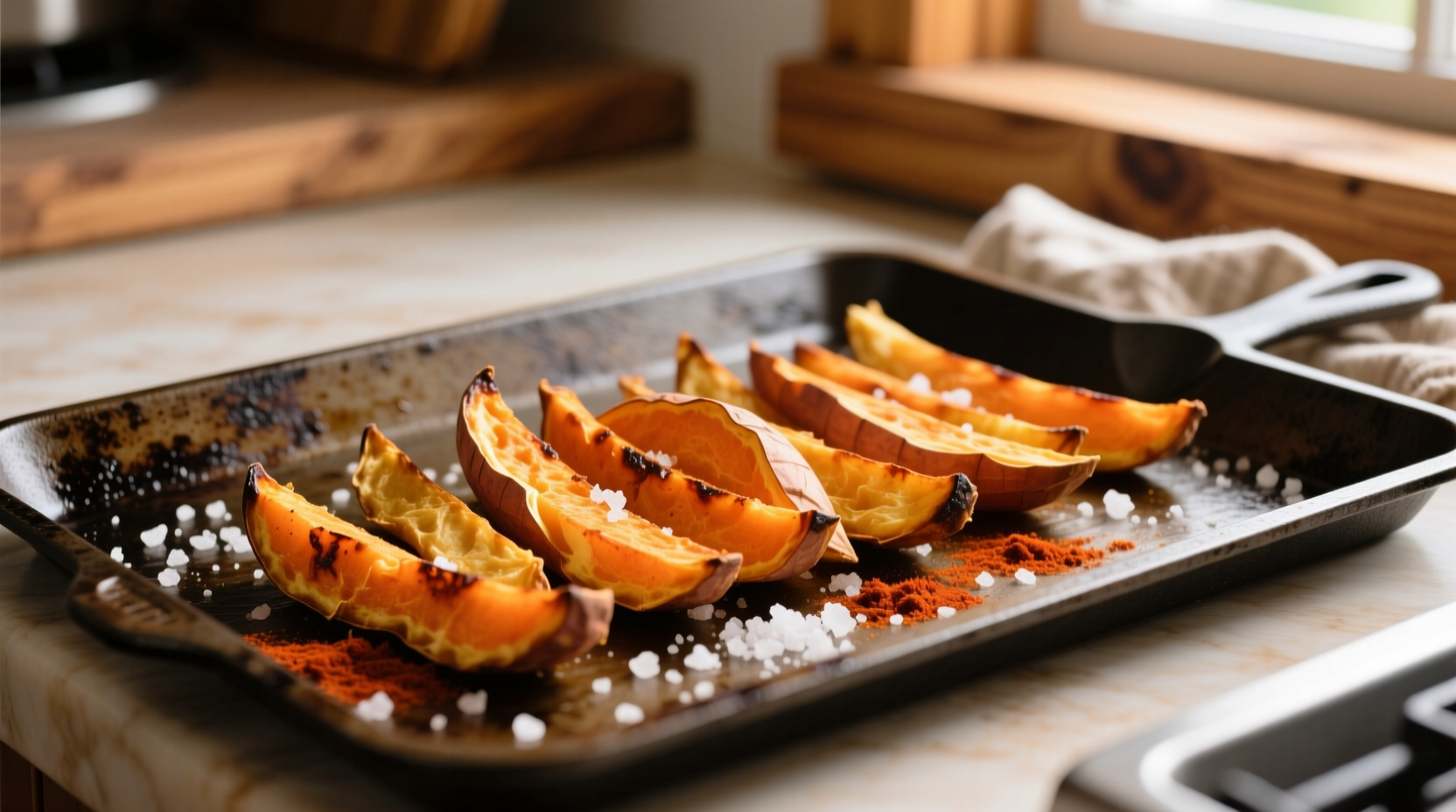 Crispy golden sweet potato fries on baking sheet