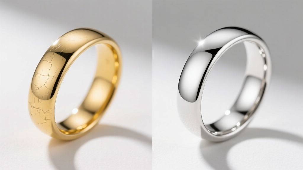 Side-by-side comparison of a slightly yellowing 18k white gold band and a freshly rhodium-plated bright silver-white gold ring