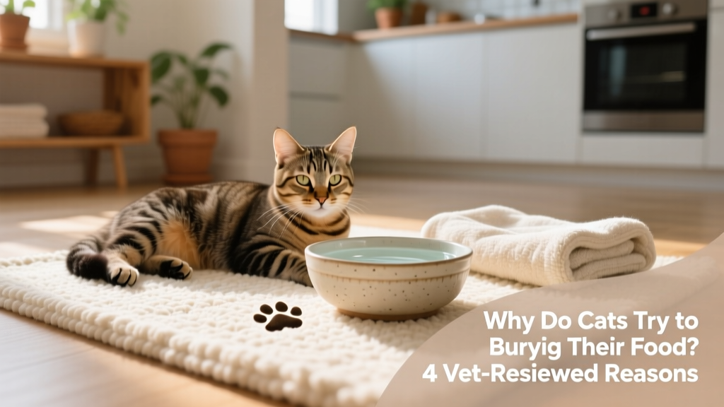 A relaxed cat sitting beside a clean, shallow ceramic bowl on a soft mat, with fresh water nearby—showcasing an ideal feeding setup