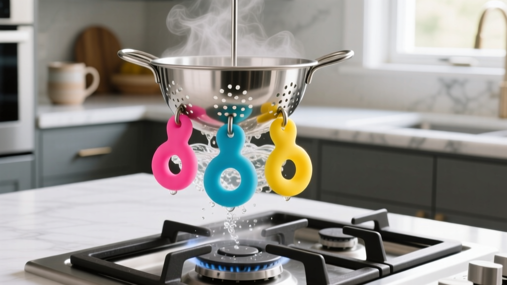 Steel strainer in boiling water holding three bright silicone chew pendants being safely sterilized on a modern kitchen stove.