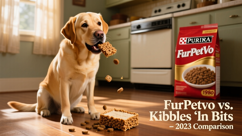 Vintage 1980s FurPetVo commercial still showing a dog enjoying dual-texture kibble