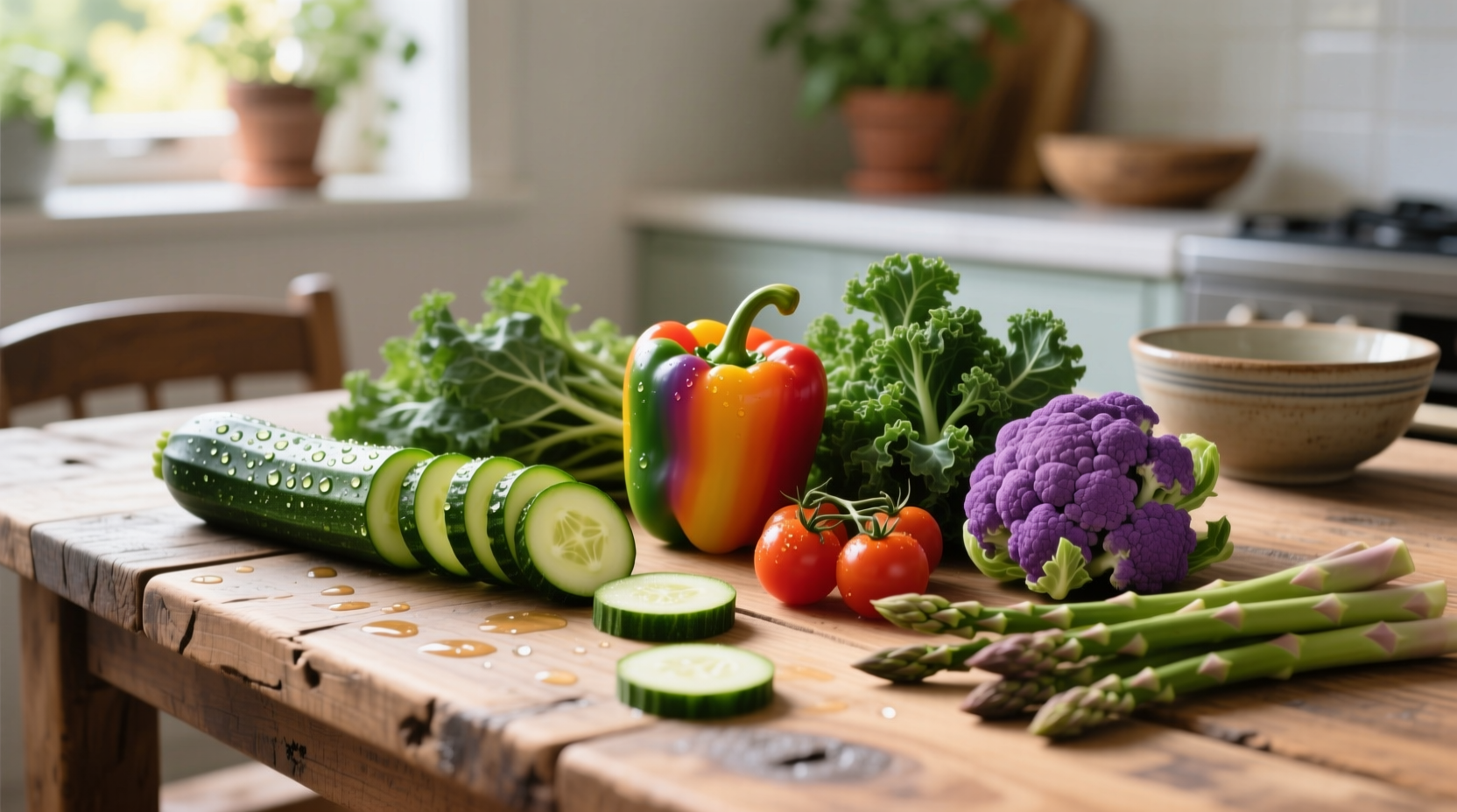 Colorful arrangement of low-carb vegetables on wooden table
