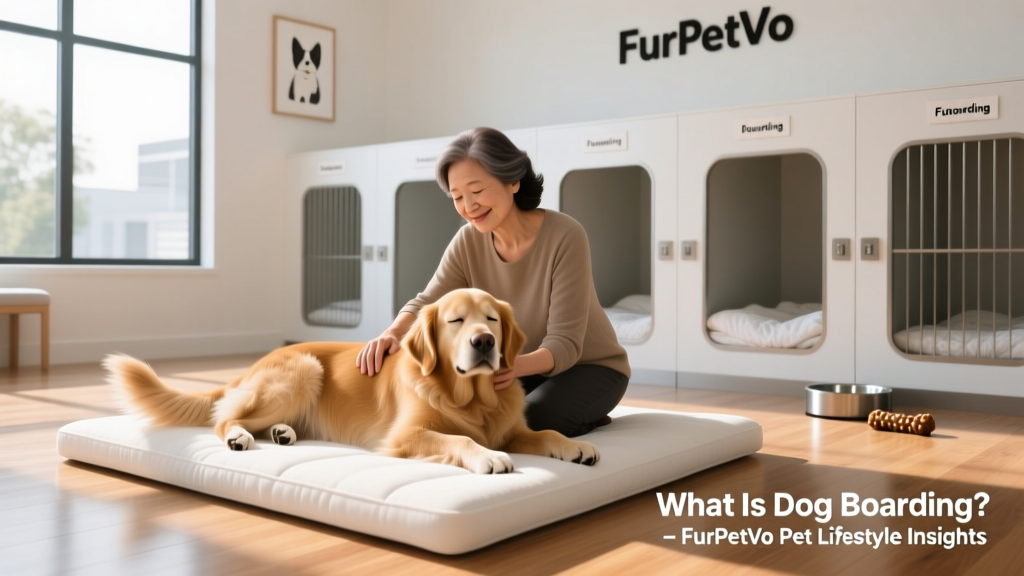 A person gently stroking a relaxed dog inside a clean, sunlit FurPetVo boarding facility