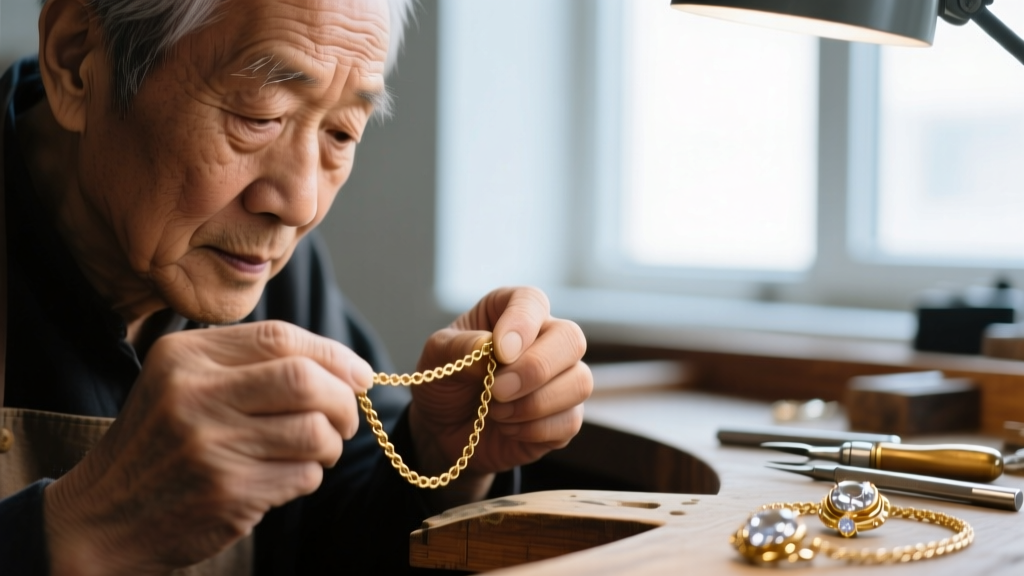 Close-up of a jeweler's loupe examining the 14K stamp on a delicate gold cable chain clasp against a soft neutral gray background