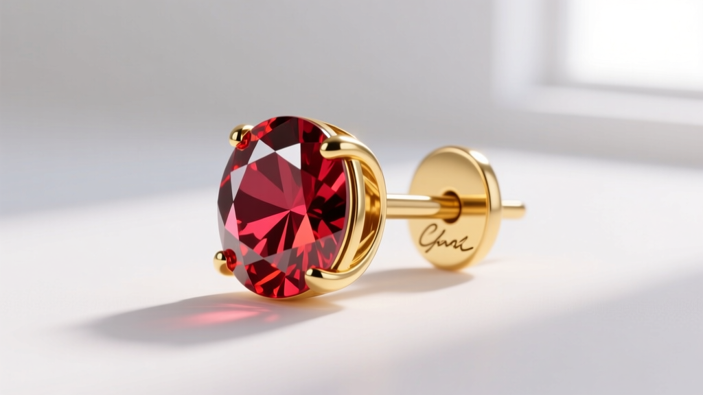 Macro view of a hidden signature ruby set inside the post cup of an 18k yellow gold luxury earring, positioned to touch the skin