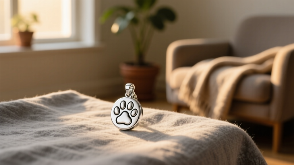 Sterling silver paw print cremation pendant on grey linen, bathed in warm natural window light within a cozy, peaceful room