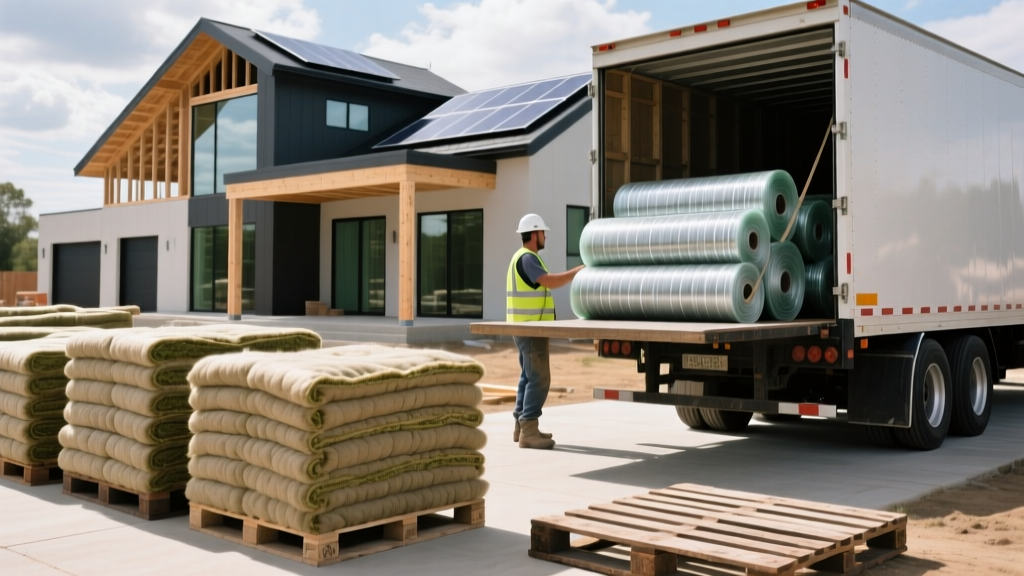 Hemp wool insulation batts and recycled glass fiber rolls being unloaded from a freight truck at a modern residential construction site