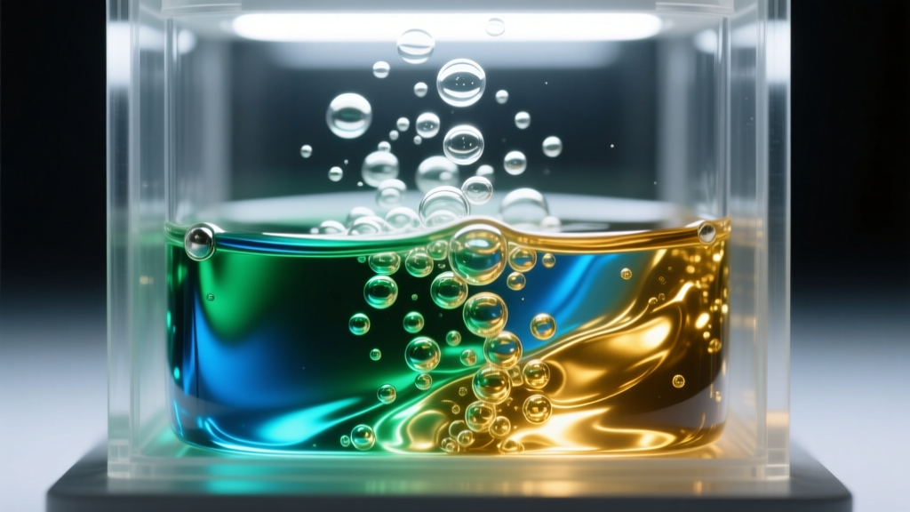 Close-up of a vacuum chamber degassing liquid jewelry resin, showing micro-bubbles rising and popping under bright LED lighting.