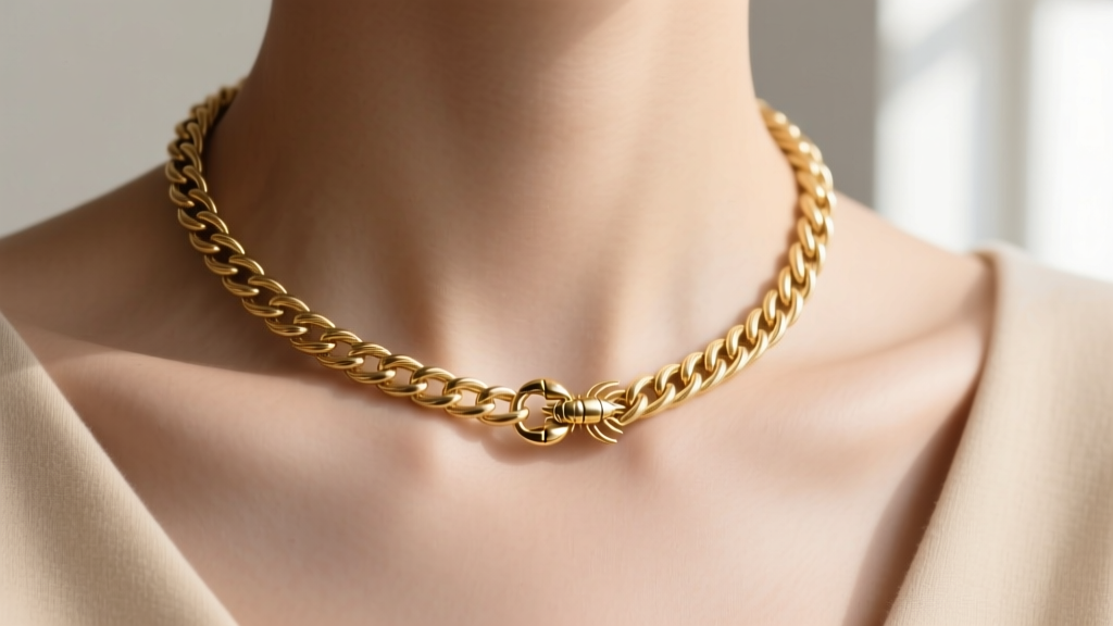 Solid 14k gold 12-inch cable choker on a collarbone, soft lighting highlighting the delicate links and a small lobster clasp