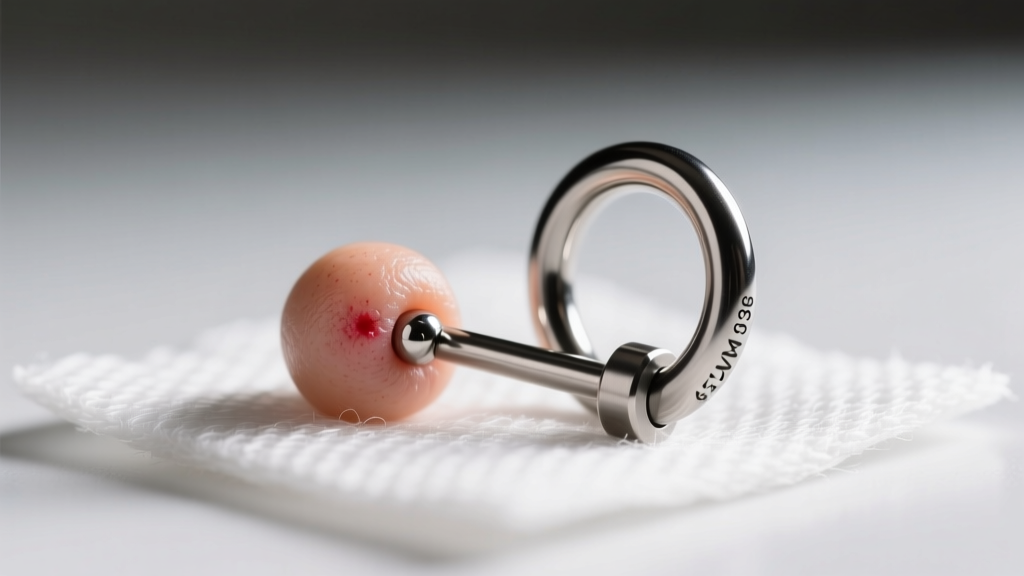 Macro photography of a septum piercing irritation bump next to an ASTM F-136 titanium horseshoe barbell on a sterile gauze pad