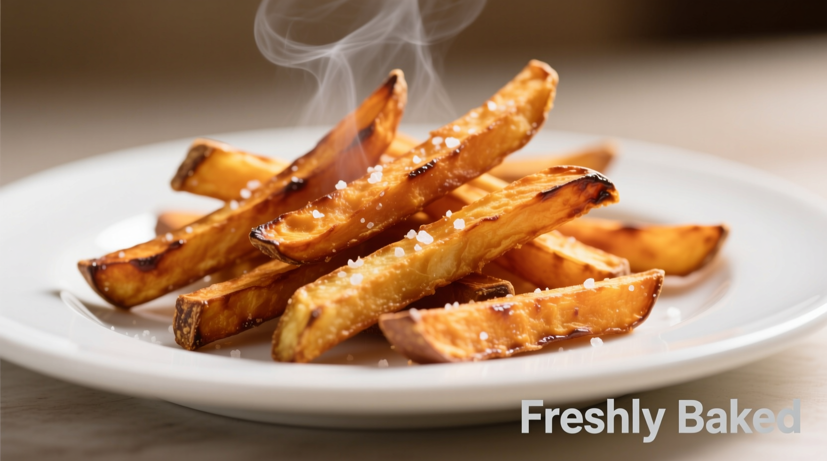 Freshly baked sweet potato fries on a white plate