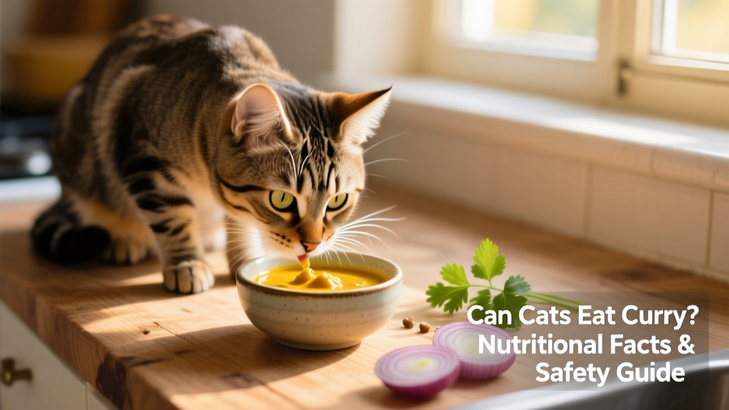 A curious cat sniffing a small bowl of mild yellow curry on a countertop