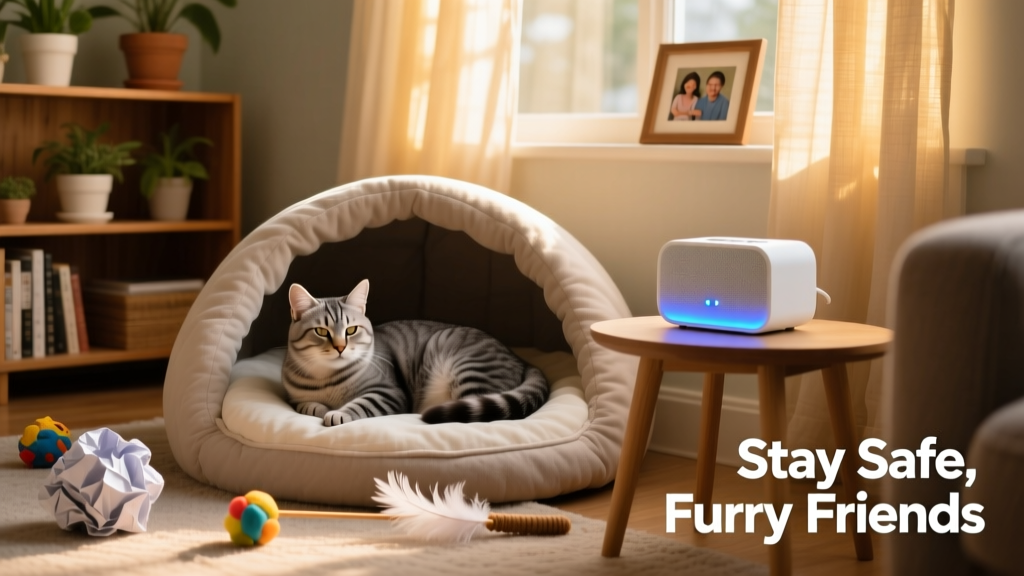 Cat resting calmly in a cozy indoor safe space with bedding, toys, and a white noise machine nearby