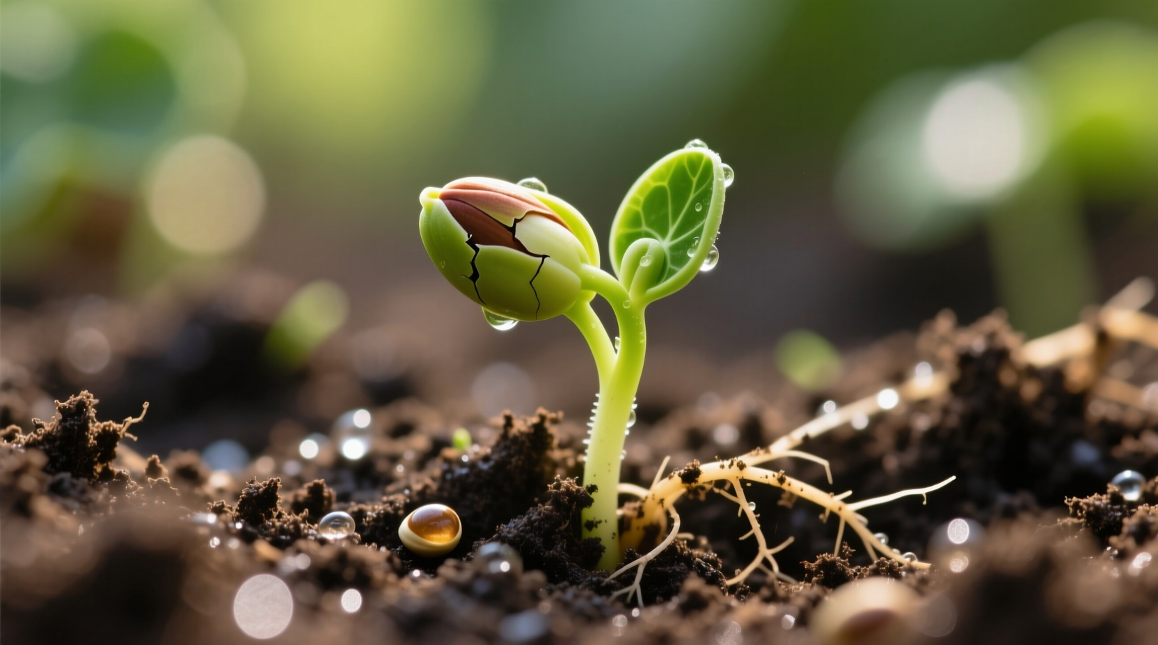 Close-up of nasturtium seeds sprouting in garden soil