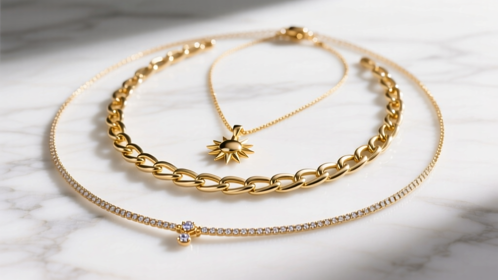 Flat lay of three layered necklaces on white marble, showing a 15-inch choker, a 17-inch gold chain, and a 20-inch pendant.