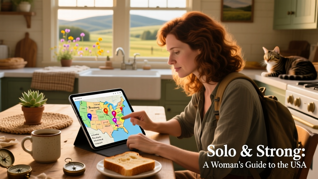 A solo female traveler checking a detailed map and itinerary on a tablet while seated at a cozy, sunlit kitchen table—symbolizing thoughtful, confident trip planning
