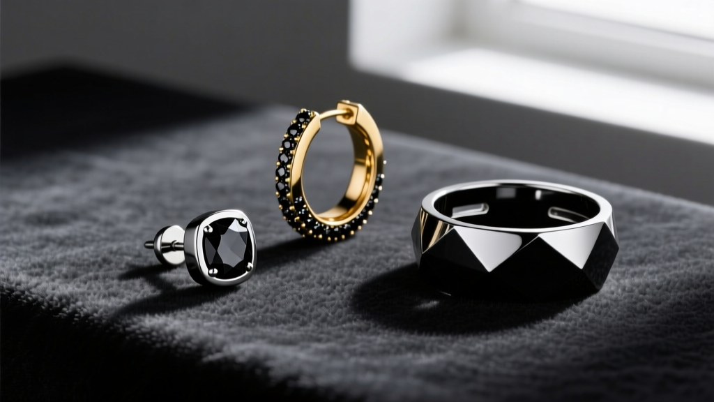 Flat lay of three mens black diamond pieces: a tungsten stud, a 14k gold hoop, and a black rhodium silver ear cuff on dark velvet