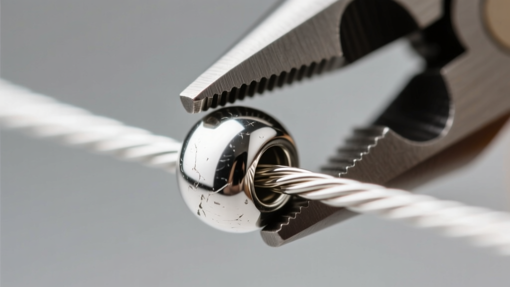 Macro shot of a silver tube crimp bead being secured with a micro-crimping tool over nylon-coated stainless steel beading wire.