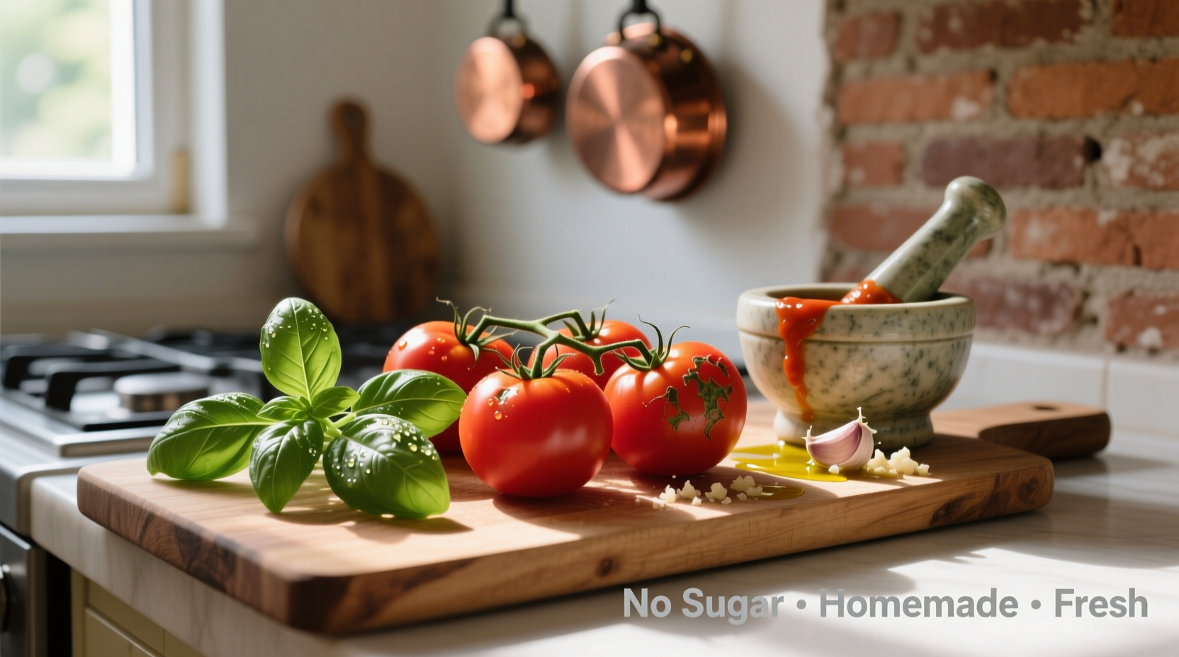Fresh tomatoes and basil for homemade no sugar tomato sauce