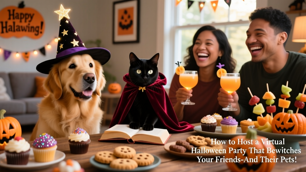 A joyful mixed group: a dog wearing a tiny wizard hat, a cat draped in a velvet cape, and their humans smiling beside a spread of pet-safe Halloween treats and themed drink glasses