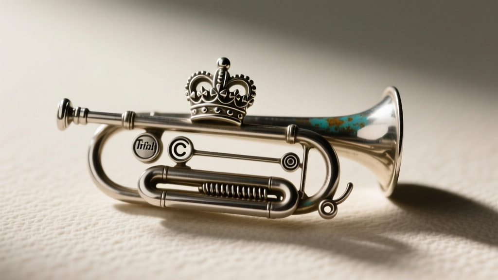 The back of a vintage Trifari brooch showing the distinct Crown hallmark, copyright symbol, and original trombone clasp mechanism
