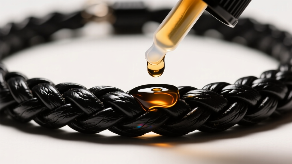 Braided black leather cord of a grunge necklace being treated with a drop of mink oil conditioner, shown in sharp macro detail