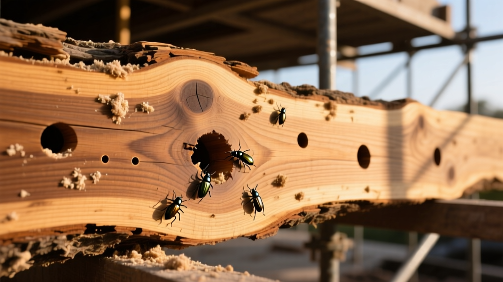 Close-up of reclaimed oak timber showing fine powdery frass and tiny circular exit holes from wood boring beetles on a construction site