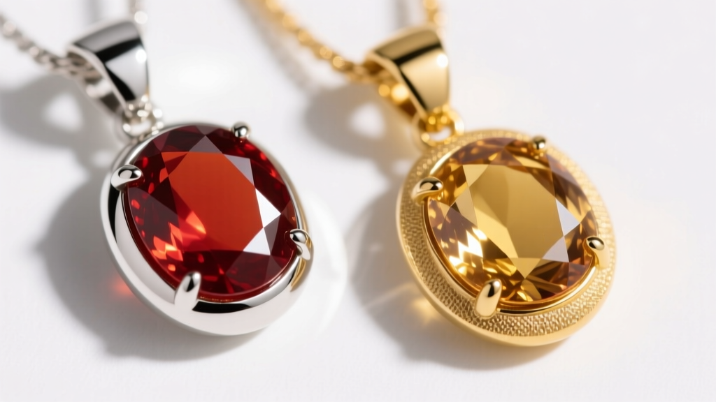 Macro shot comparing a bezel-set cabochon carnelian pendant necklace in polished platinum versus one in brushed 14k yellow gold.