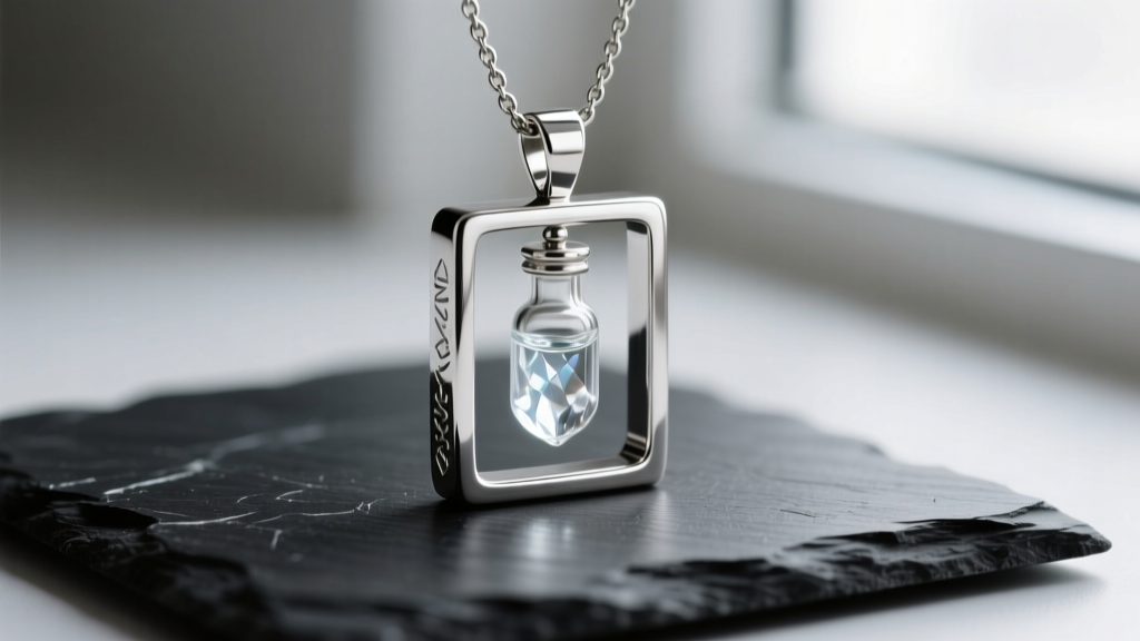 Close-up of a 316L stainless steel holy water necklace pendant with a borosilicate glass vial, resting on a dark slate surface